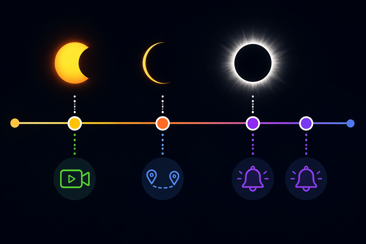 Know the schedule: start time, peak, and totality